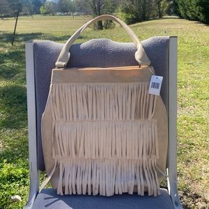 Beige Tote Bag with Suede Fringe